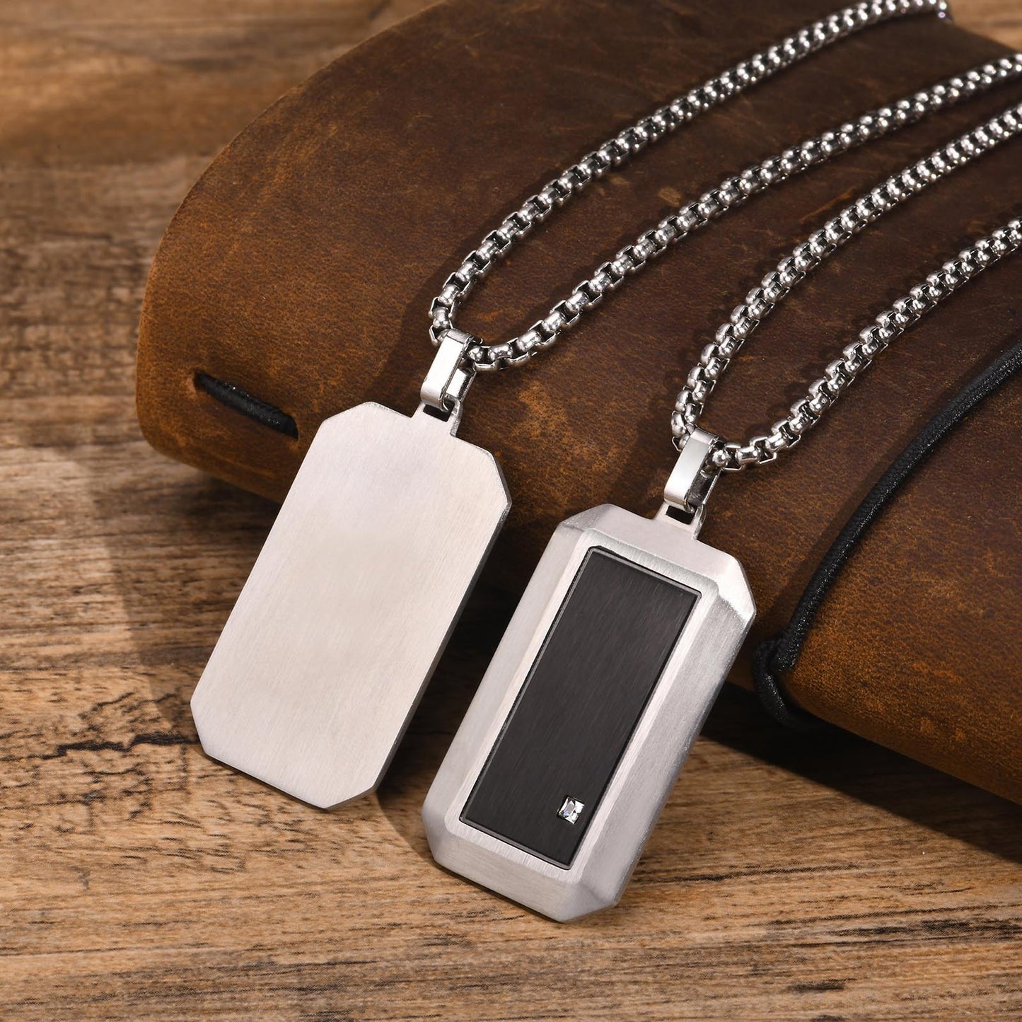 Kemstone Cubic Zirconia Rectangular Pendant Necklace for Men Stainless Steel Black Metal Design PN-1900