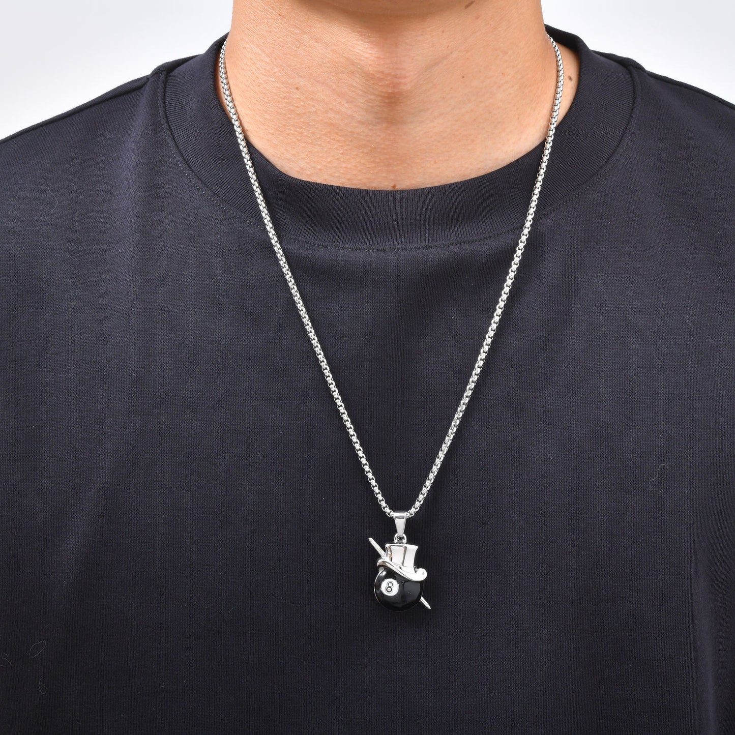 Kemstone 8 Ball Pool Pendant Necklace for Men Stainless Steel Billiard Cue Top Hat PN-2366