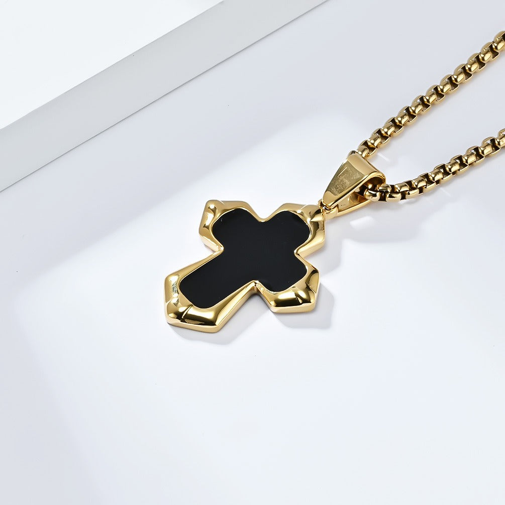 Kemstone Black Enamel Cross Necklace for Men Stainless Steel Faceted Edge K-PT560