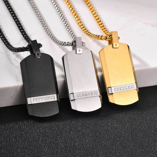 Kemstone Black Rectangular Pendant Necklace for Men Stainless Steel Cubic Zirconia Detail Punk Style PN-240