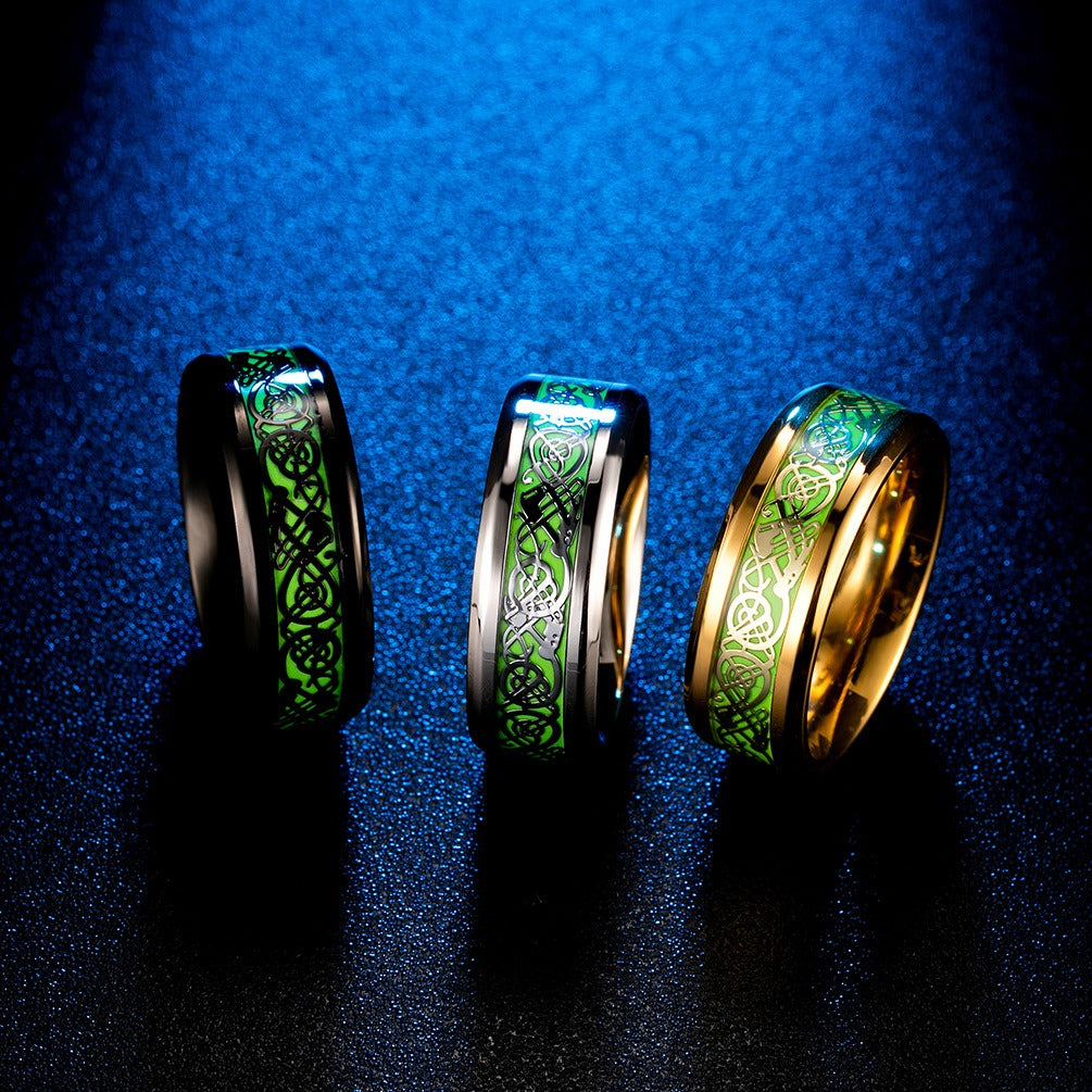 Kemstone Glow Green Ring for Men Stainless Steel Celtic Knot Vintage Style K-R388