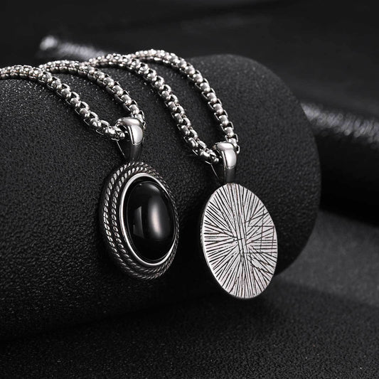 Kemstone Black Stone Pendant Necklace for Men Stainless Steel Oval Vintage Frame PN-2462