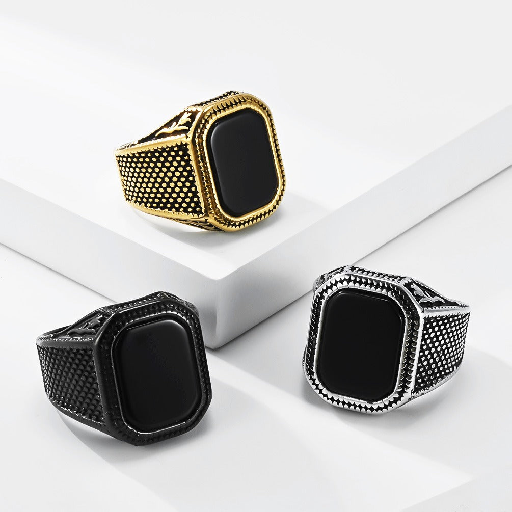 Kemstone Black Stone Signet Ring for Men Stainless Steel Textured Wide Band Vintage K-R1210