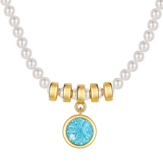 Collar JCE Blue Fireworks, diseño original artesanal de Kemstone: topacio azul suizo, cuentas de cristal y gargantilla ajustable de perla, diseño de lujo en plata 925.