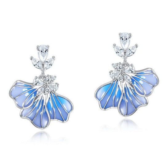 Kemstone Handcrafted Blue Iris Enamel Stud Earrings – S925 Sterling Silver, White Gold Plated with Zirconia Accent
