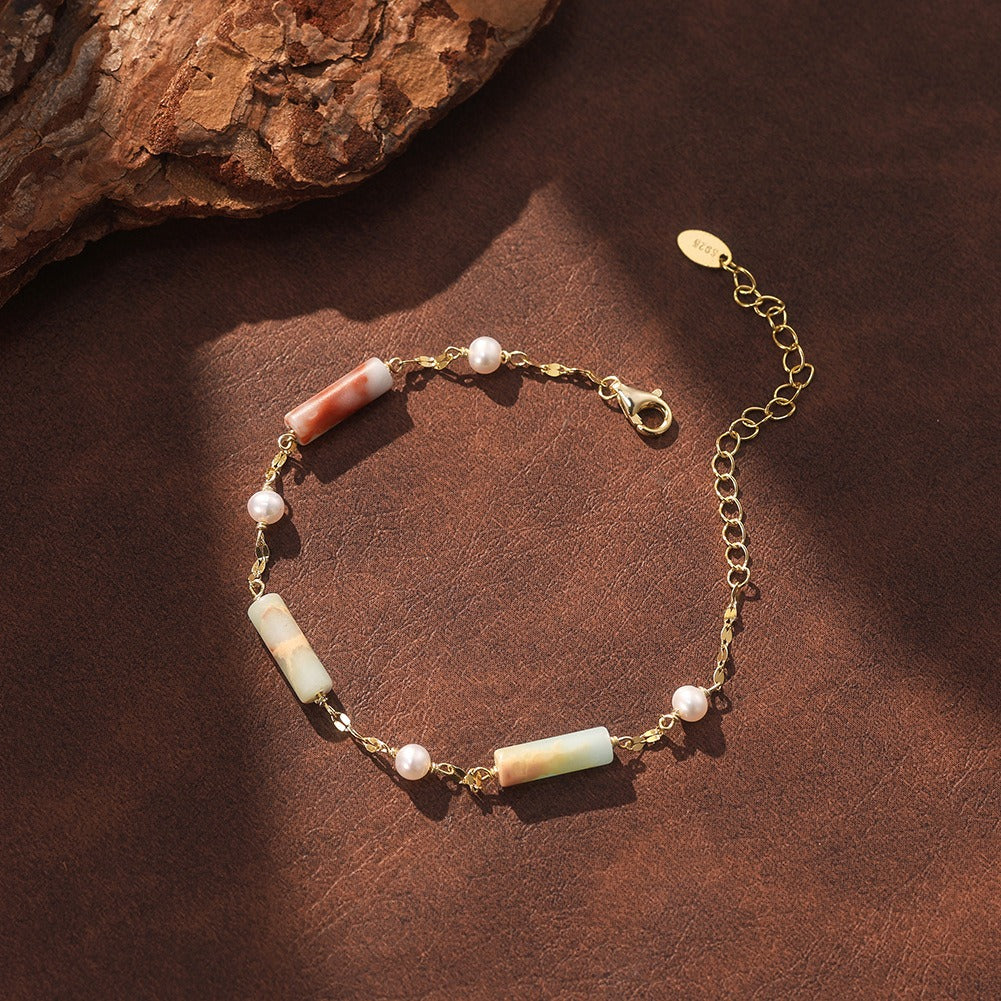 Kemston Shoushan Stone Freshwater Pearl Bracelet for Women 925 Sterling Silver MPB11