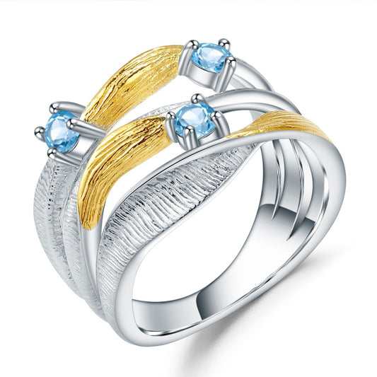 Anillo de topacio azul suizo natural en plata de ley 925, diseño original artesanal de Kemstone