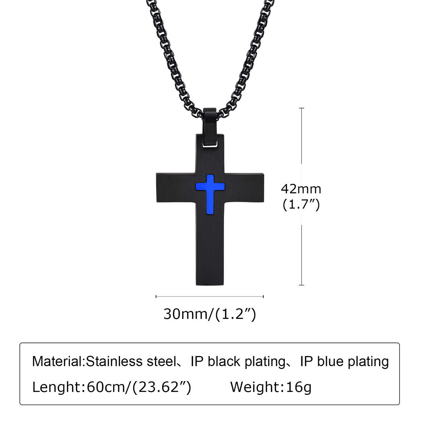 Kemstone Stainless Steel Black Cross Pendant Necklace for Men Blue Accent Detail PN-1916