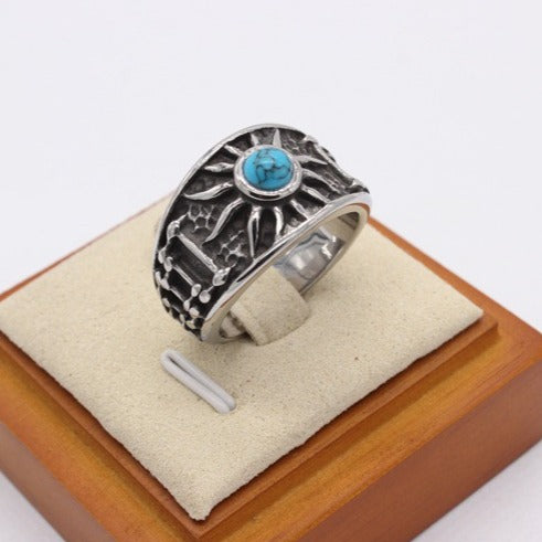 Kemstone Turquoise Ring for Men Titanium Steel Wide Band Textured Vintage R1496