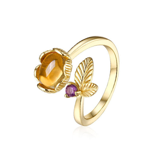 Anillos de citrino natural con diseño original, hechos a mano por Kemstone | Anillos de plata de ley S925 chapados en oro | Anillo abierto estilo bohemio con forma de flor para mujer | Anillos con piedras preciosas