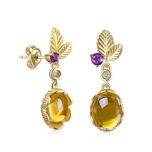 Pendientes de citrino natural de diseño original hechos a mano por Kemstone | Pendientes colgantes de plata de ley S925 bañados en oro | Diseño floral bohemio | Joyería llamativa para mujer | Pendientes con piedras preciosas