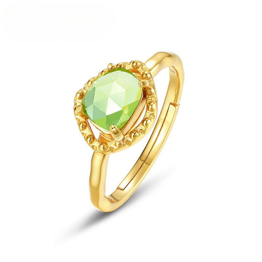 Anillo de peridoto natural de diseño original hecho a mano por Kemstone | Anillo geométrico abierto de plata de ley S925 bañado en oro | Joyería bohemia con estilo | Anillos con piedras preciosas