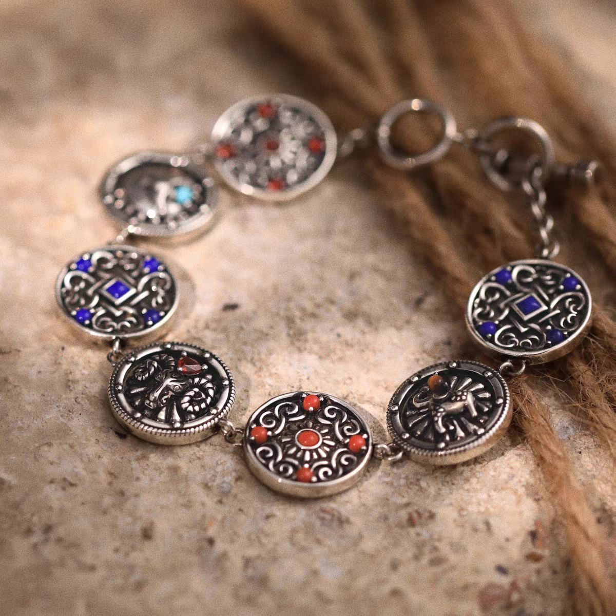 Kemstone Women’s Adjustable Bracelet – 925 Silver Turquoise Lapis Bohemian Jewelry EM-XXZB879