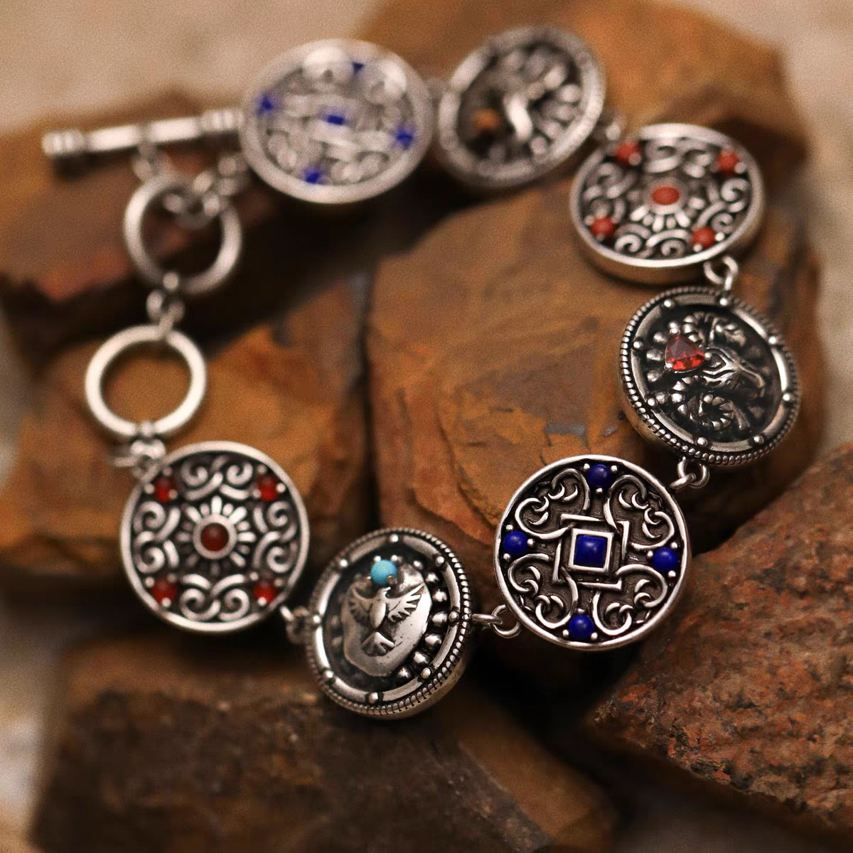 Kemstone Women’s Adjustable Bracelet – 925 Silver Turquoise Lapis Bohemian Jewelry EM-XXZB879