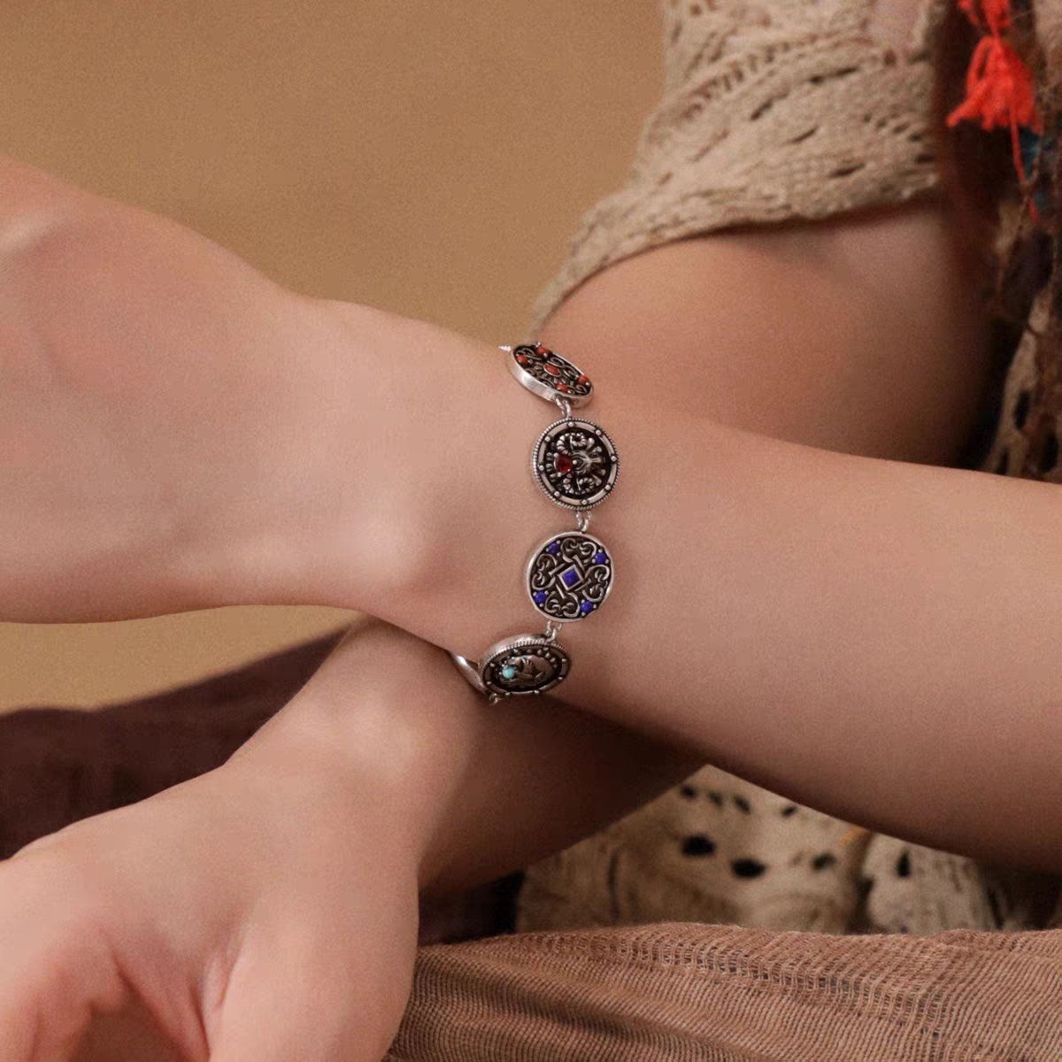 Kemstone Women’s Adjustable Bracelet – 925 Silver Turquoise Lapis Bohemian Jewelry EM-XXZB879