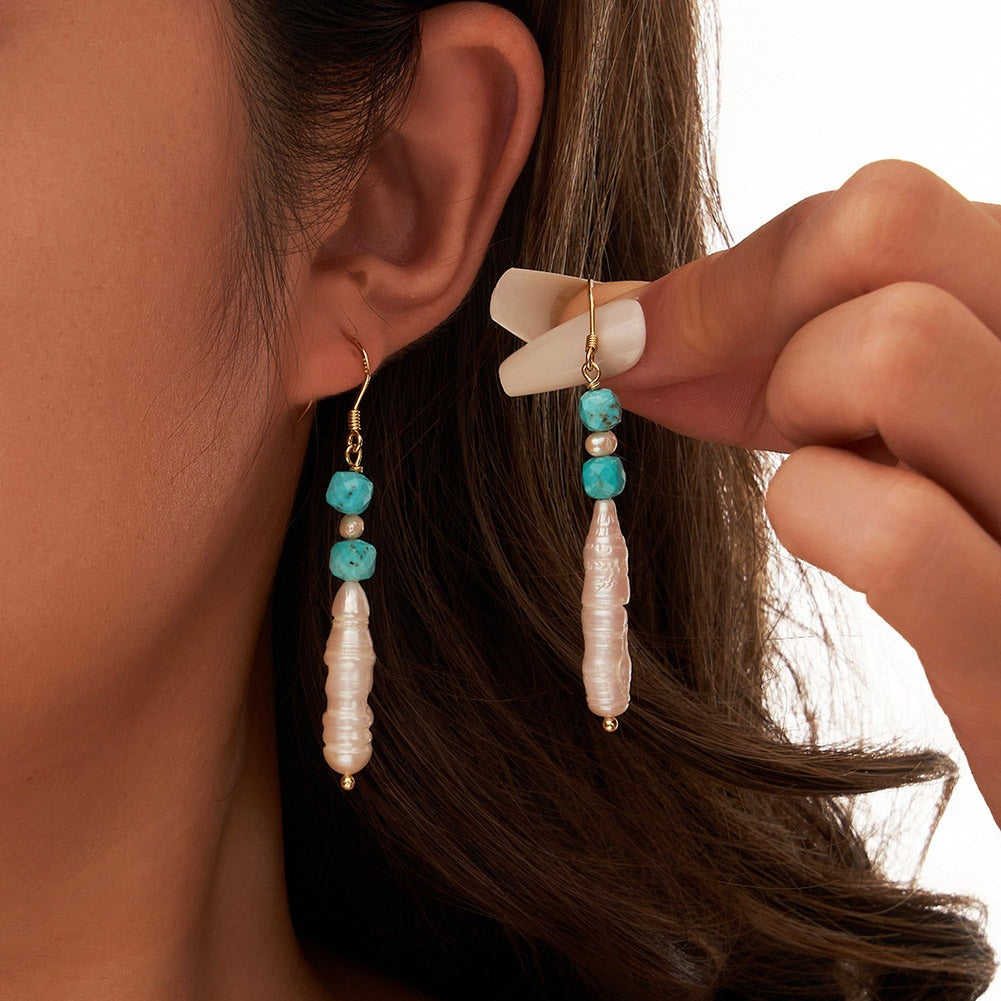 Kemstone Boho Pearl Drop Earrings for Women 925 Sterling Silver Turquoise Bead Detail MPE06