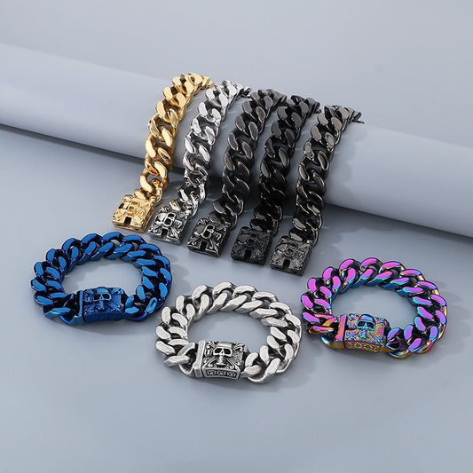 Kemstone Titanium Steel Skull Cuban Chain Bracelet – Bold Streetwear Men’s Accessory KB69725-BD