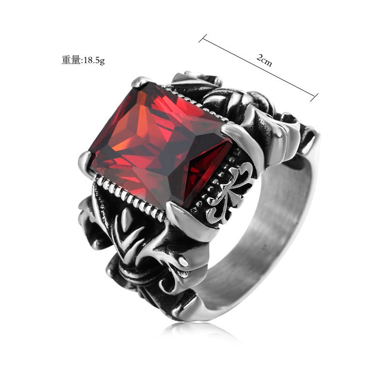 Kemstone Red Stone Statement Ring for Men Titanium Steel Vintage R0053