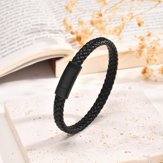 Kemstone Men’s Braided Leather Bracelet – Stainless Steel Black Clasp BL-674