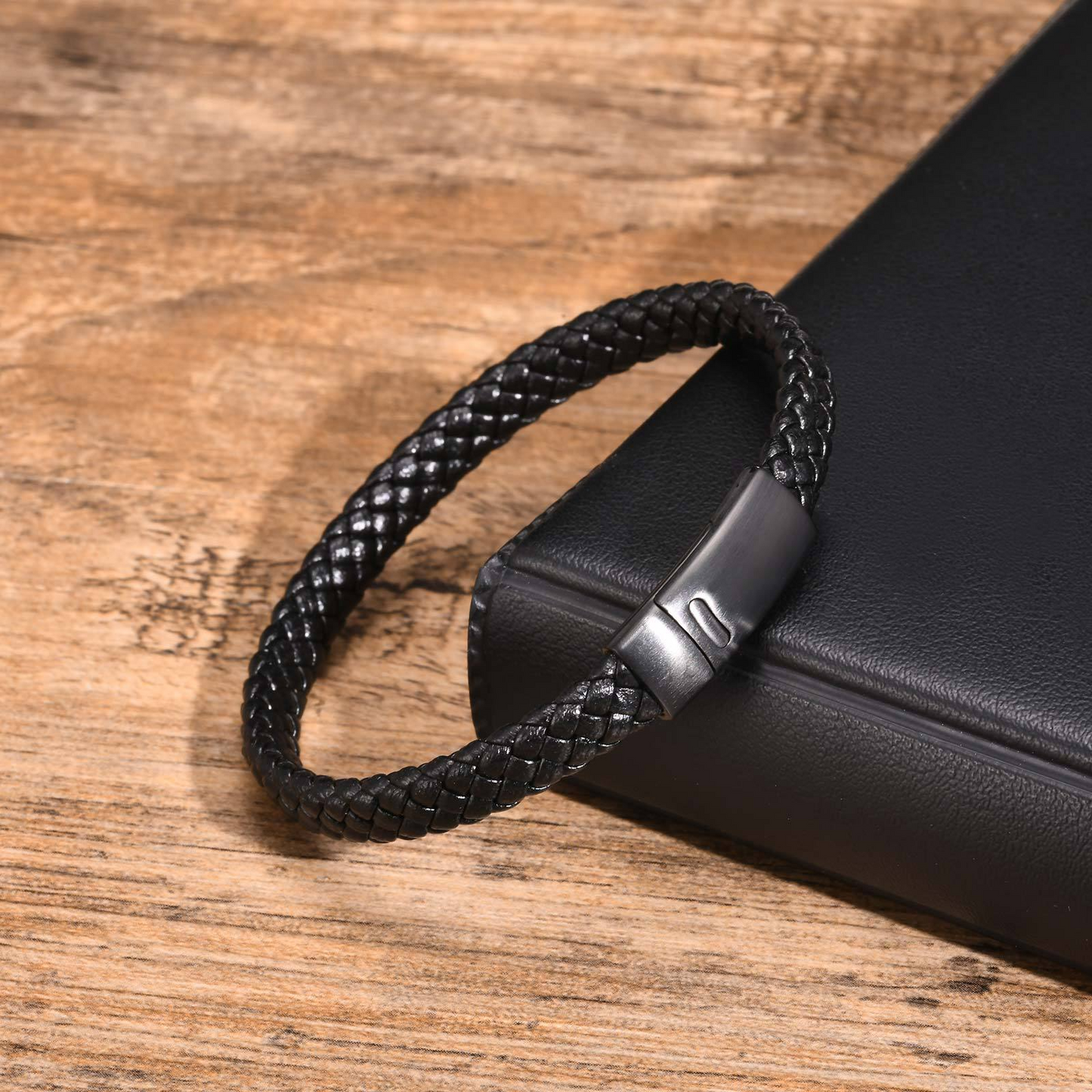 Kemstone Men’s Braided Leather Bracelet – Stainless Steel Black Clasp BL-674