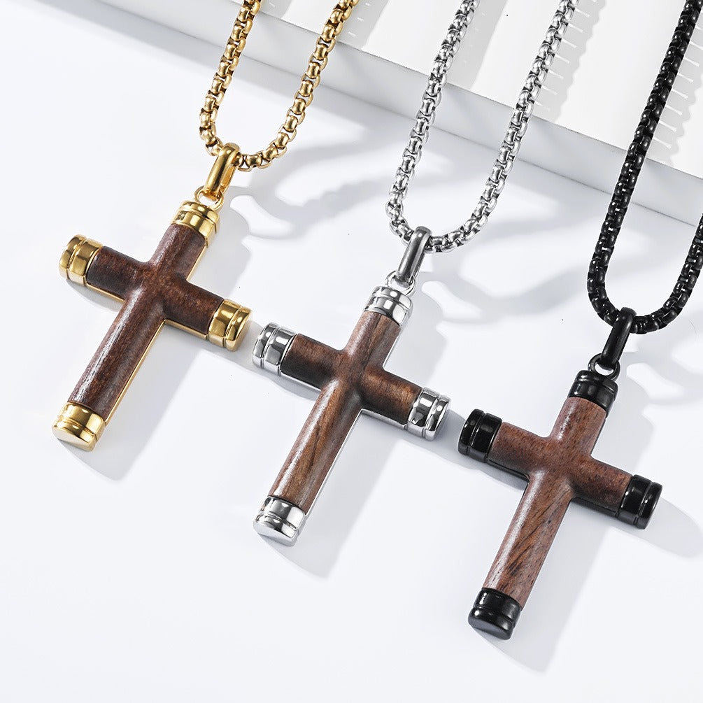Kemstone Wood Inlay Cross Necklace for Men Stainless Steel Pendant K-PT737