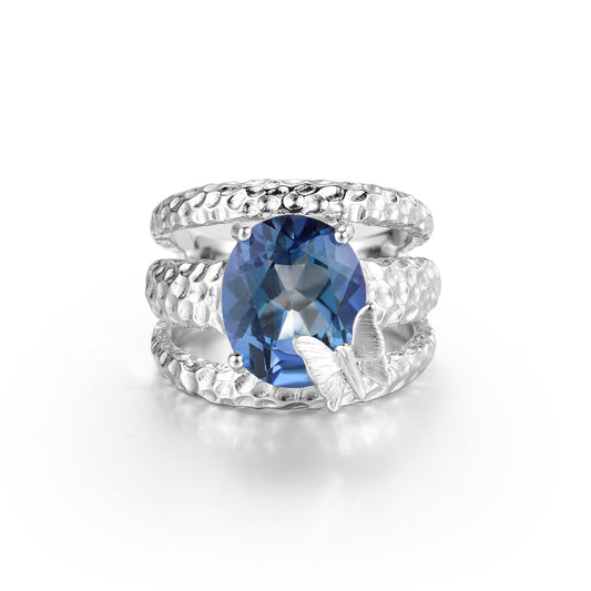 Anillo de plata de ley S925 con diseño original artesanal de Kemstone con ágata roja, aguamarina, calcedonia y piedras preciosas de cristal.