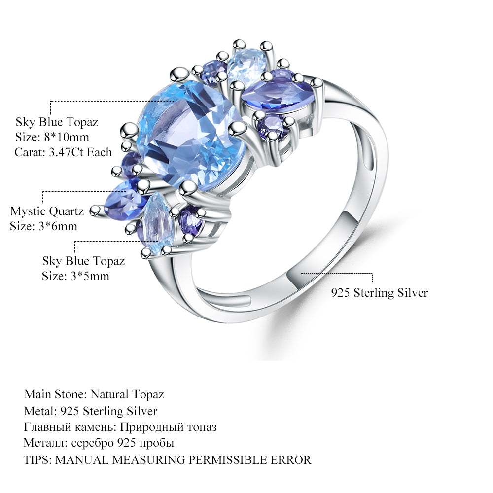 Anillo ajustable de topacio azul cielo floral con detalles de cuarzo místico, diseño original artesanal de Kemstone, 3,47 quilates, K244301R