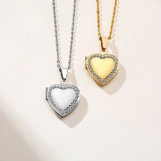 Colgante de corazón de acero inoxidable Kemstone con circonitas - Collar con dije que se abre para mujer PN-1364