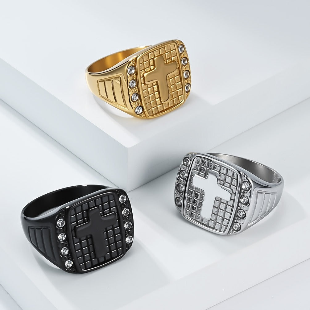 Kemstone Men’s Stainless Steel Cross Ring – CZ Inlaid Signet Jewelry K-R1078