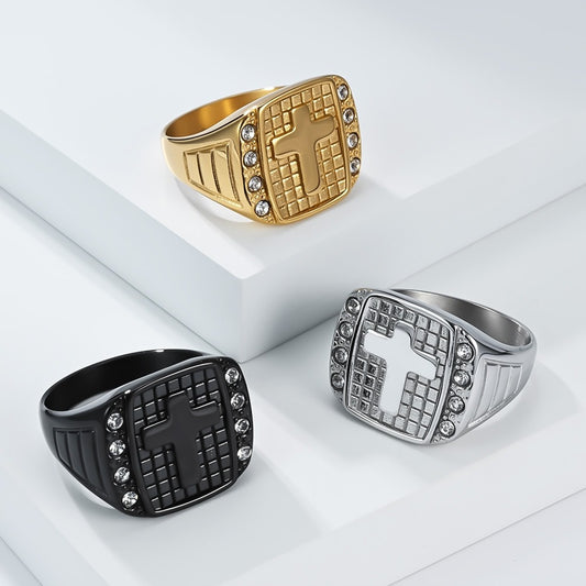 Kemstone Men’s Stainless Steel Cross Ring – CZ Inlaid Signet Jewelry K-R1078