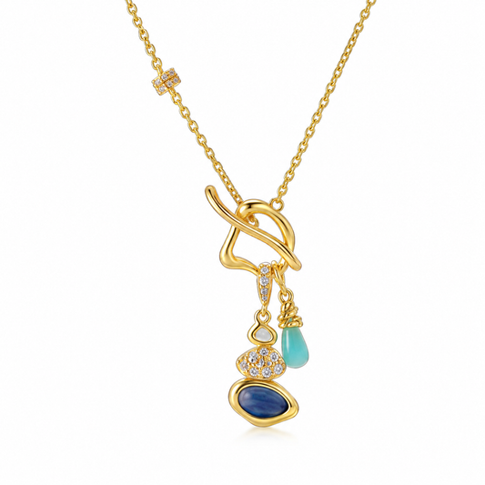 Kemstone Cairn Natural Gemstone Necklace – Amazonite Aquamarine Kyanite Gold Pendant for Women