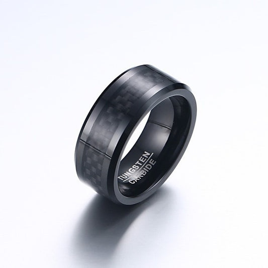 Kemstone 8MM Carbon Fiber Inlaid Tungsten Carbide Ring – Black Matte Finish TCR036