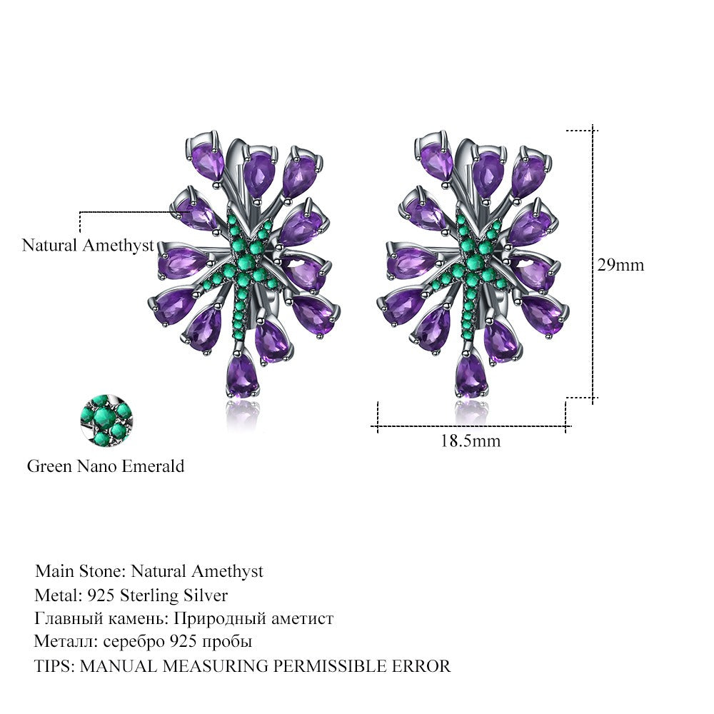 Orecchini pendenti geometrici Kemstone dal design originale e artigianale con ametista naturale e smeraldo nano verde in argento S925 - Eleganza celeste