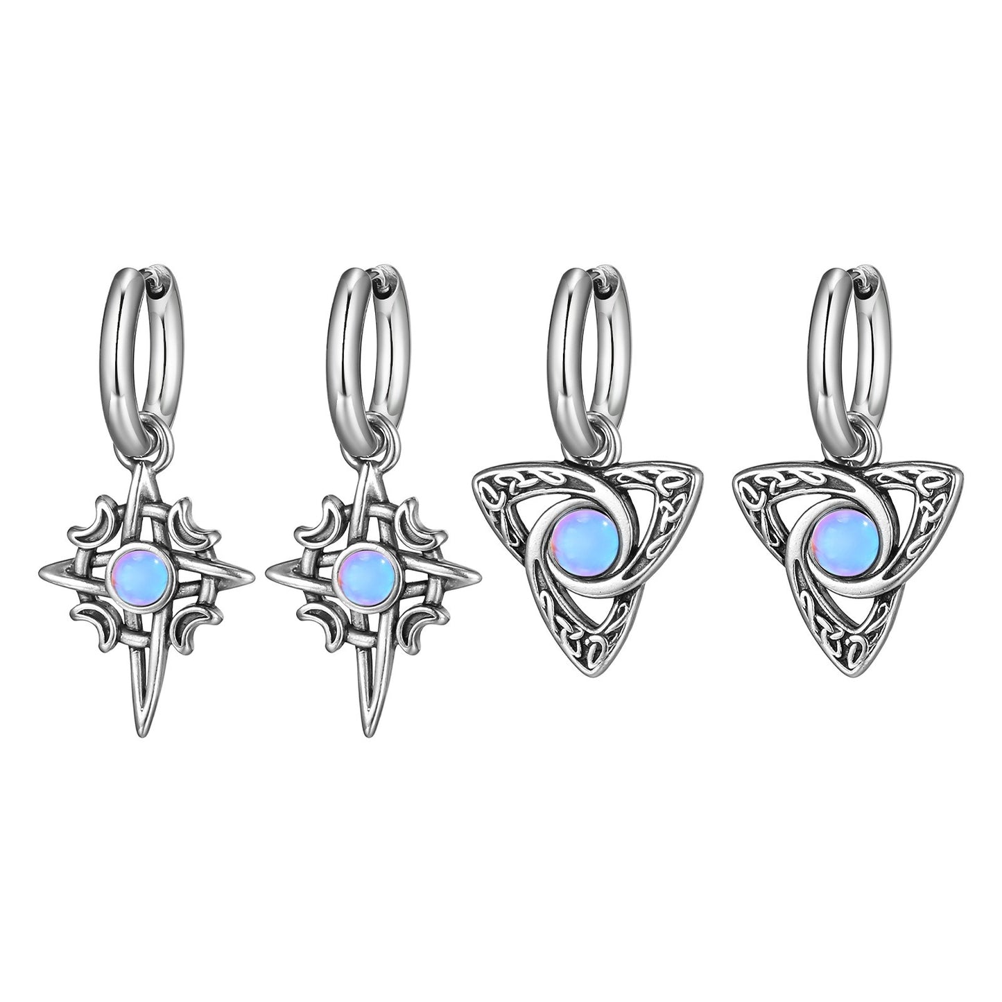 Kemstone Men’s Celtic Stainless Steel Necklace & Earrings – Moonstone Four-Point Star Design 769