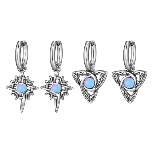 Kemstone Men’s Celtic Stainless Steel Necklace & Earrings – Moonstone Four-Point Star Design 769
