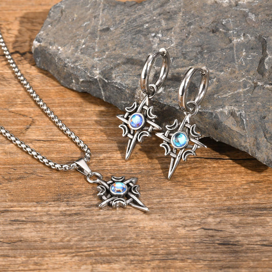 Kemstone Celtic Stainless Steel Moonstone Hoop Earring for Men – Gothic Star & Triquetra Drop Design 769