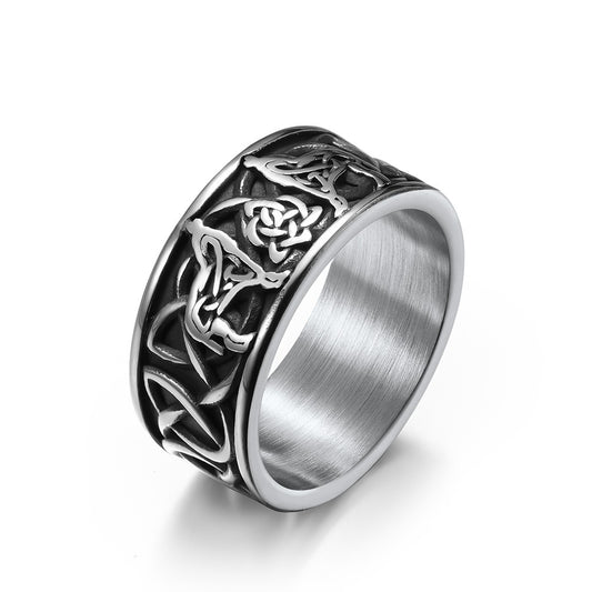 Kemstone Men's Celtic Knot Titanium Steel Ring – Wolf Design K-R572