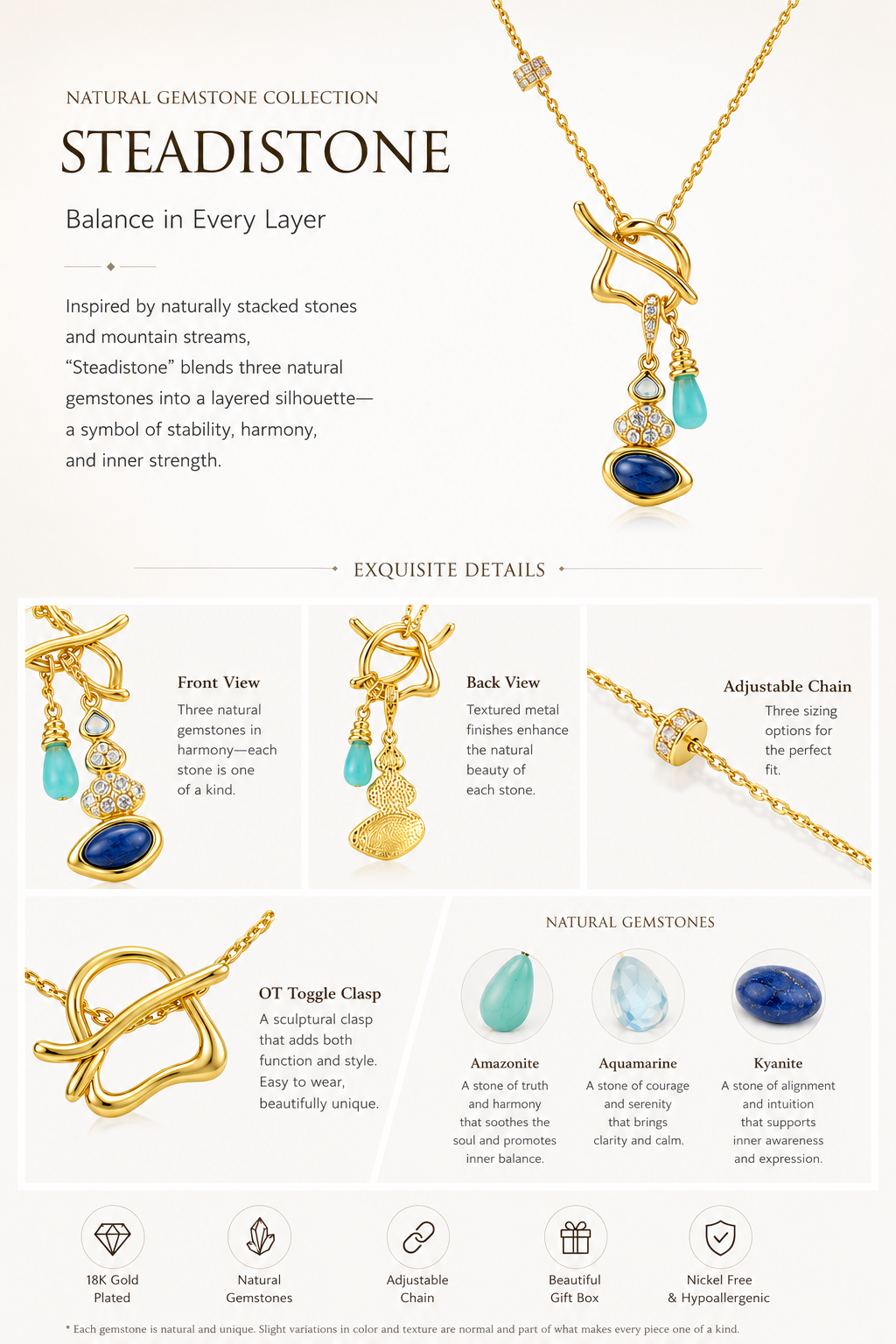 Kemstone Cairn Natural Gemstone Necklace – Amazonite Aquamarine Kyanite Gold Pendant for Women
