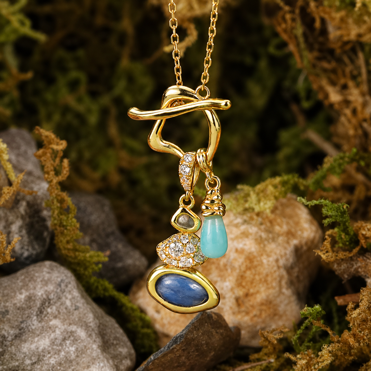 Kemstone Cairn Natural Gemstone Necklace – Amazonite Aquamarine Kyanite Gold Pendant for Women