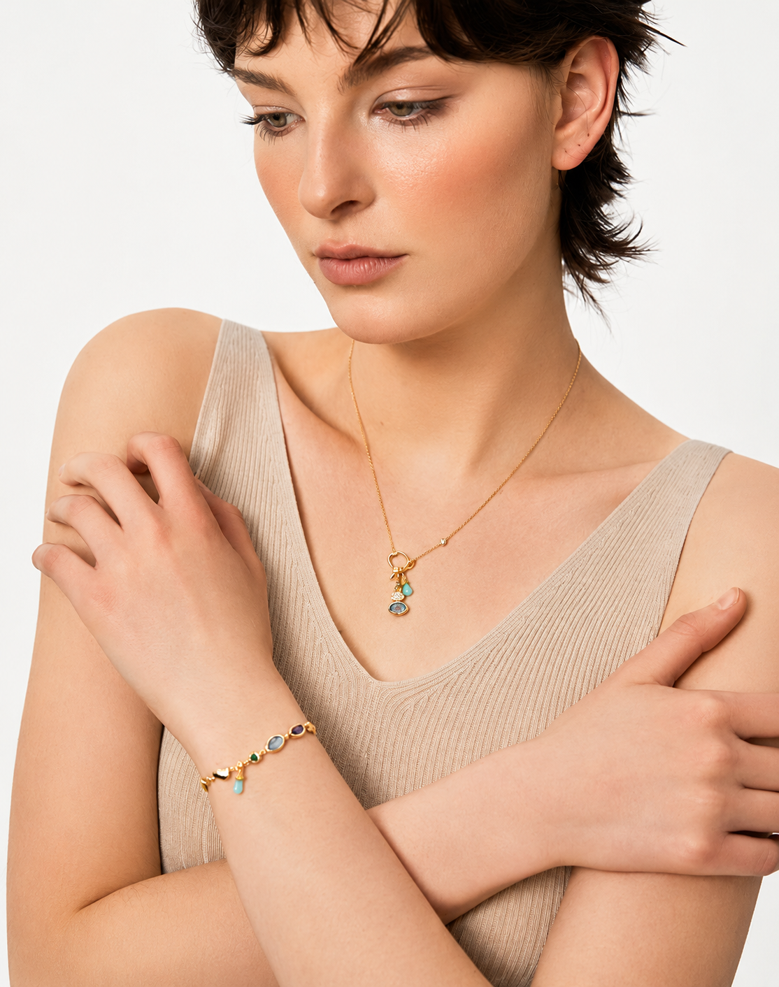 Kemstone Cairn Natural Gemstone Necklace – Amazonite Aquamarine Kyanite Gold Pendant for Women