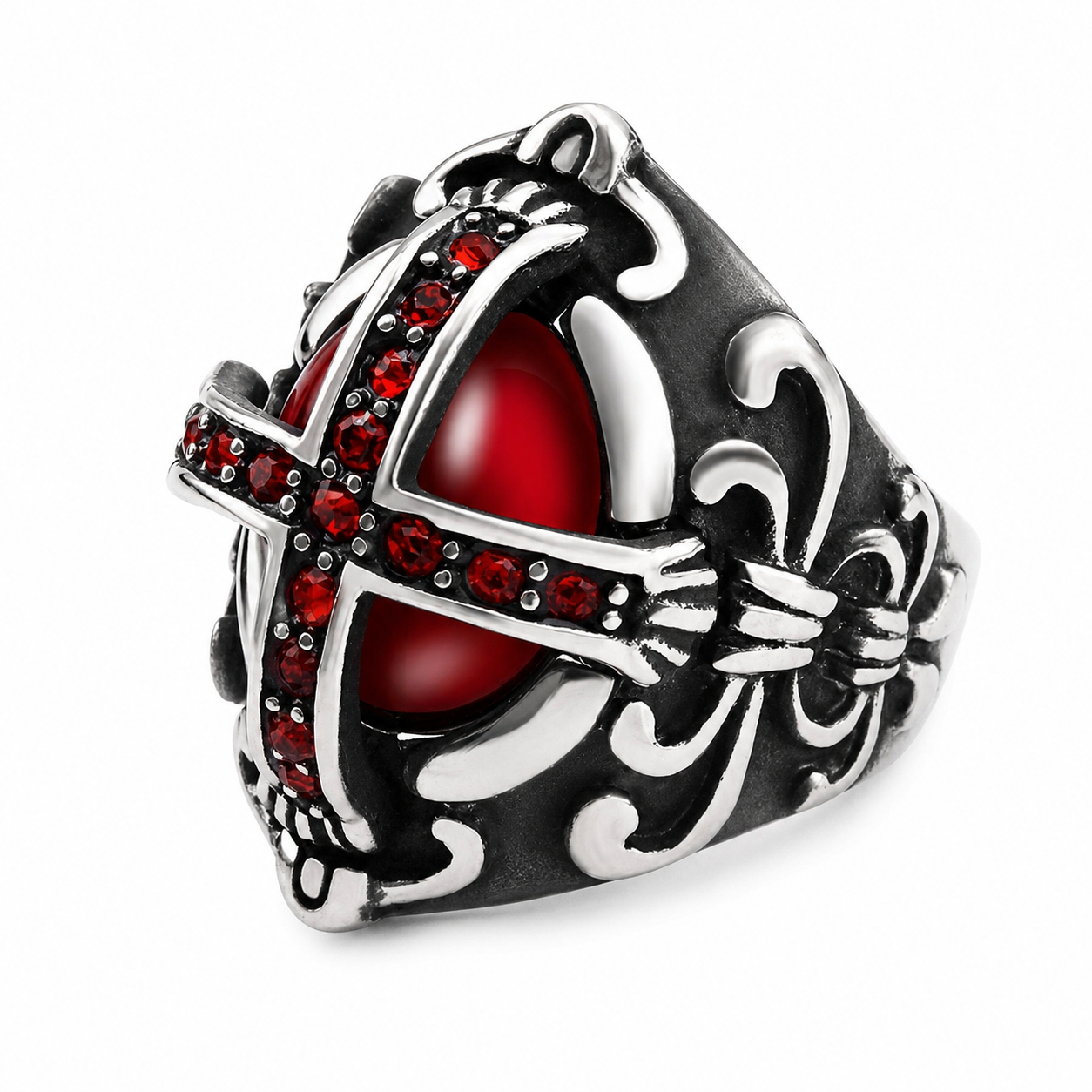 Kemstone Titanium Steel Red Cross Signet Ring for Men Vintage Gothic Stone TR0054