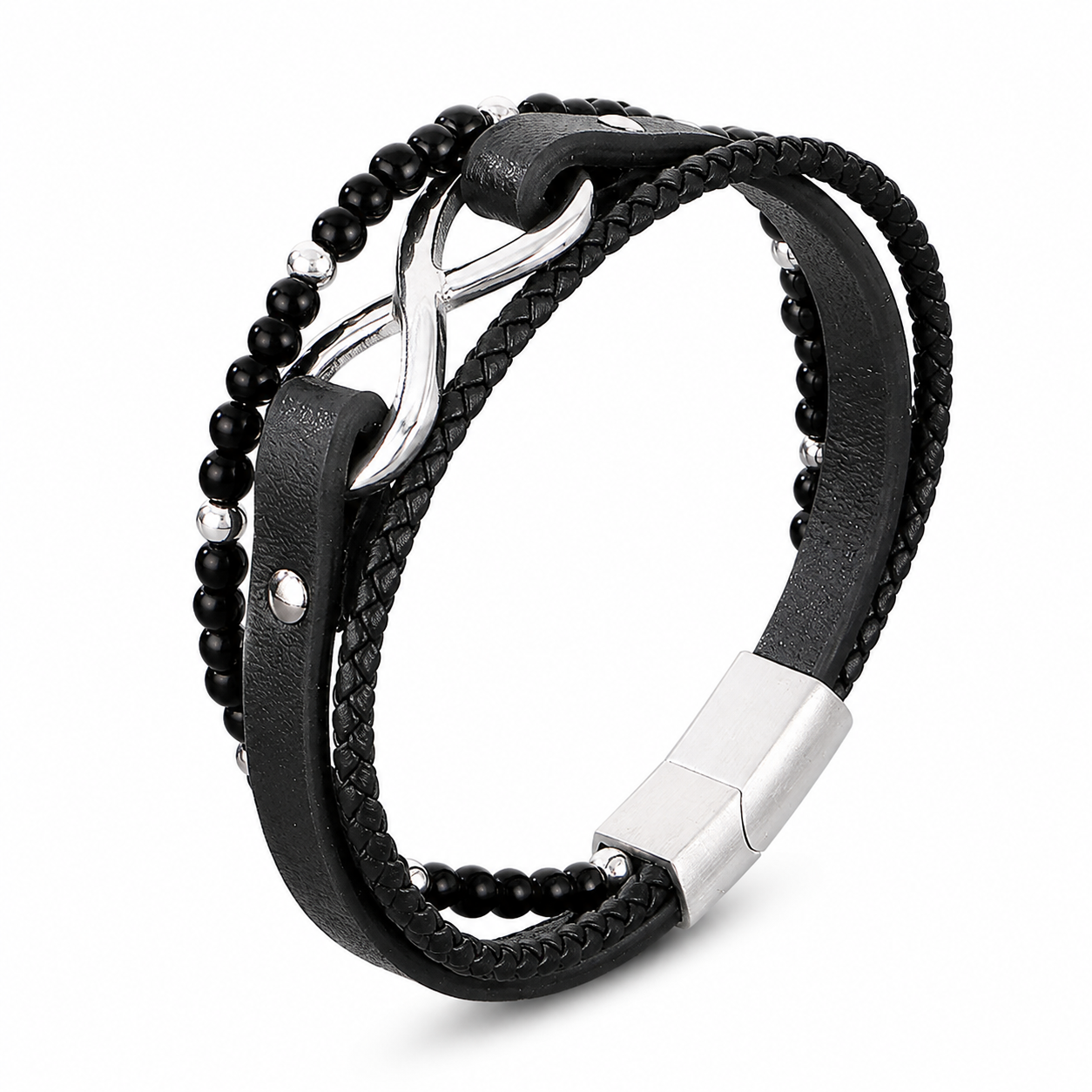Kemstone Layered Leather Beaded Infinity Bracelet for Men Stainless Steel Clasp Wristband KB180750-JR