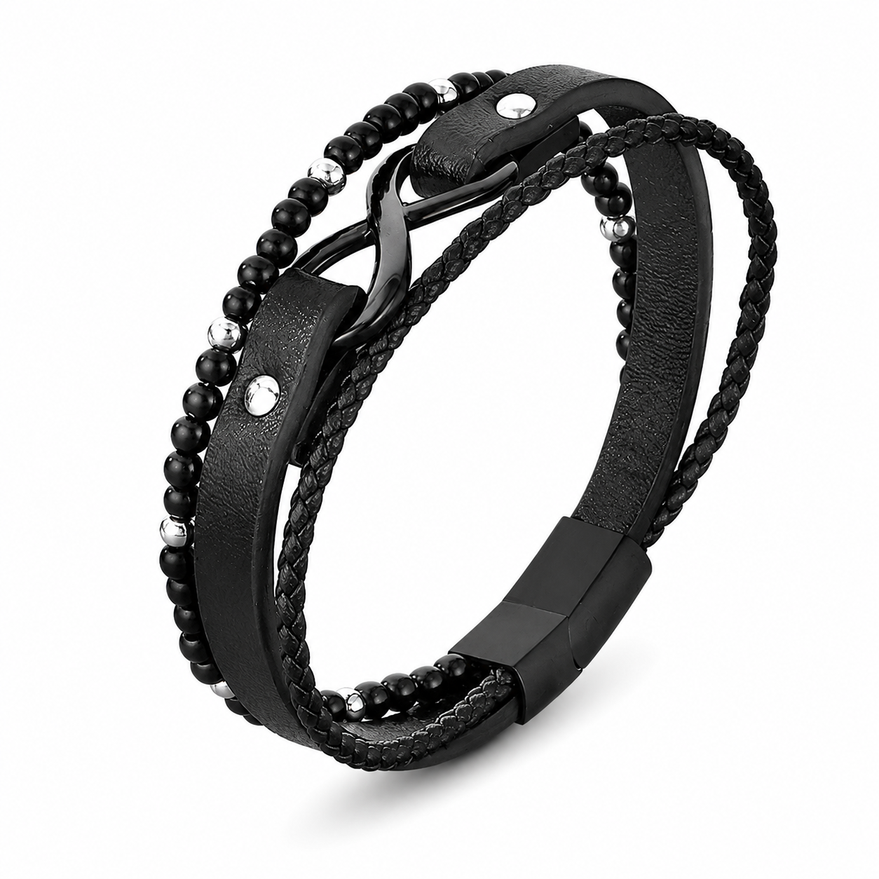 Kemstone Layered Leather Beaded Infinity Bracelet for Men Stainless Steel Clasp Wristband KB180750-JR
