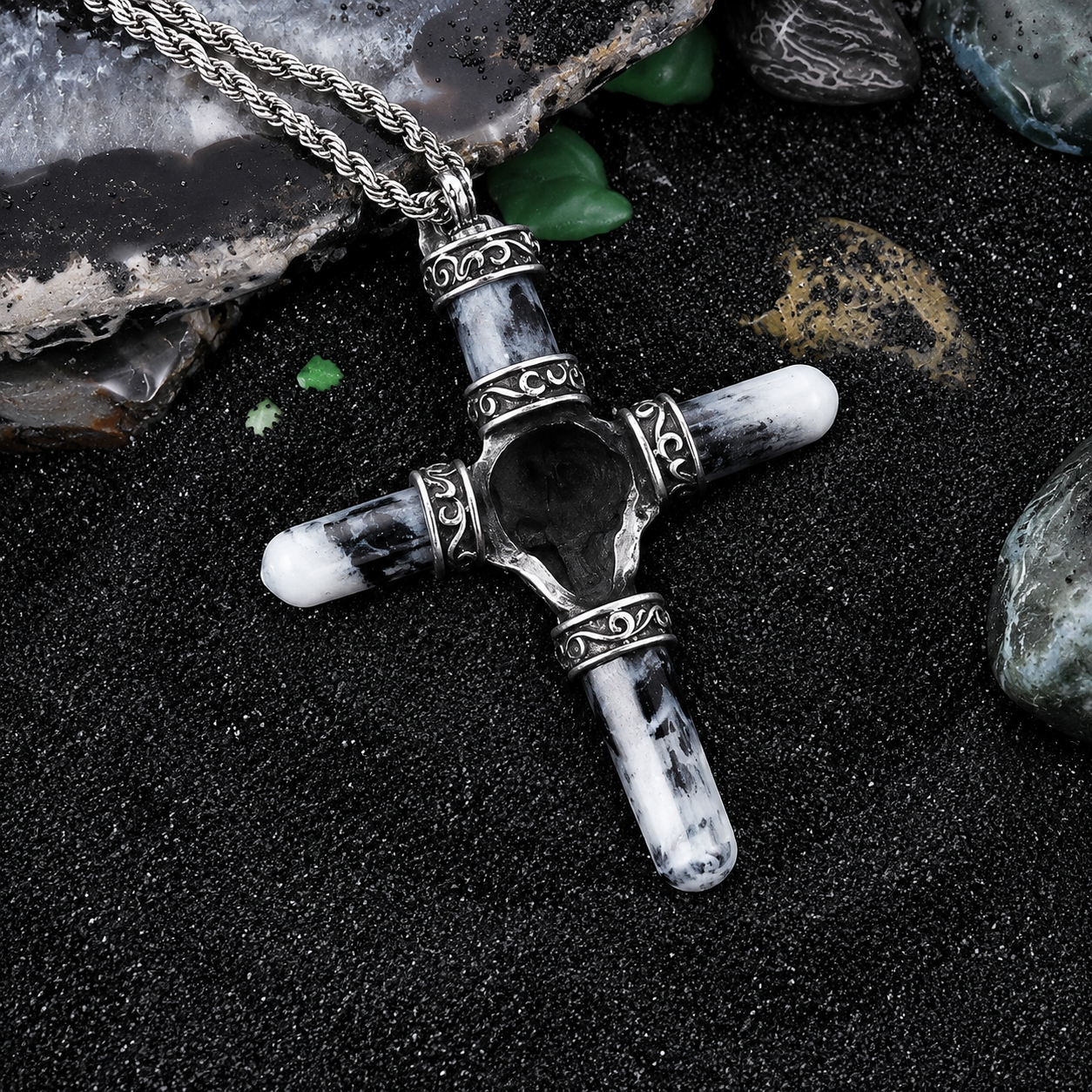 Kemston Titanium Steel Skull Cross Pendant Necklace for Men Gothic Resin Inlay Chain KP42893-BD
