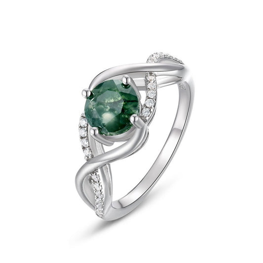 Anillo de ágata musgosa con ondas elegantes, diseño original artesanal de Kemstone - Plata de ley 925 de lujo con baño de platino