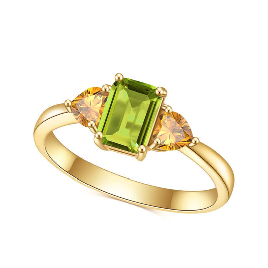 Anillo artesanal de citrino natural de talla esmeralda con detalles de peridoto de corte brillante en forma de corazón, diseño original de Kemstone | Plata 925 bañada en oro de 18 quilates, K236141R