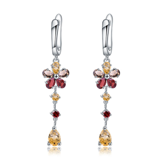 Pendientes colgantes de citrino natural de estilo clásico, hechos a mano, con diseño original de Kemstone y detalles de cuarzo ahumado y granate | Plata de ley 925
