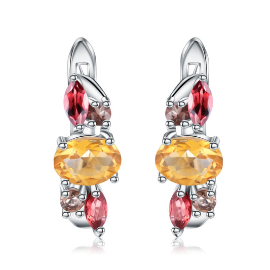 Pendientes colgantes de plata de ley con citrino y granate natural, diseño original, hechos a mano por Kemstone.