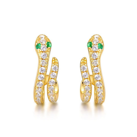 Pendientes clásicos de serpiente de diseño original hechos a mano por Kemstone - Plata S925 con nanocircón verde y baño de oro de 9 quilates
