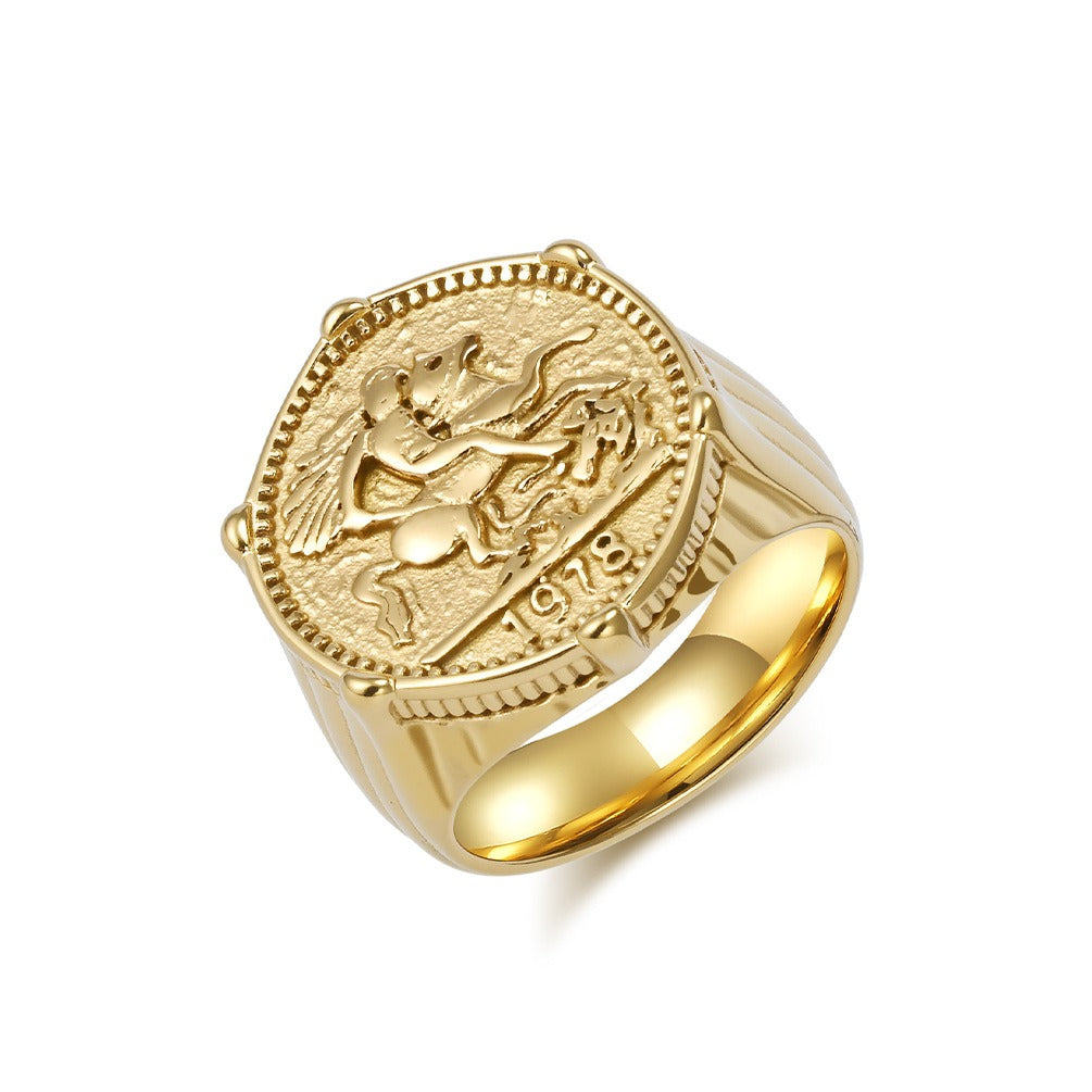 Kemstone Figure Relief Signet Ring for Men Stainless Steel Vintage Engraved K-R996